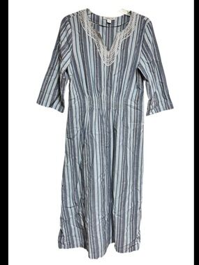 Coldwater Creek Dress Size Small Blue Striped Smocked Cotton Prairie Cottagecore
